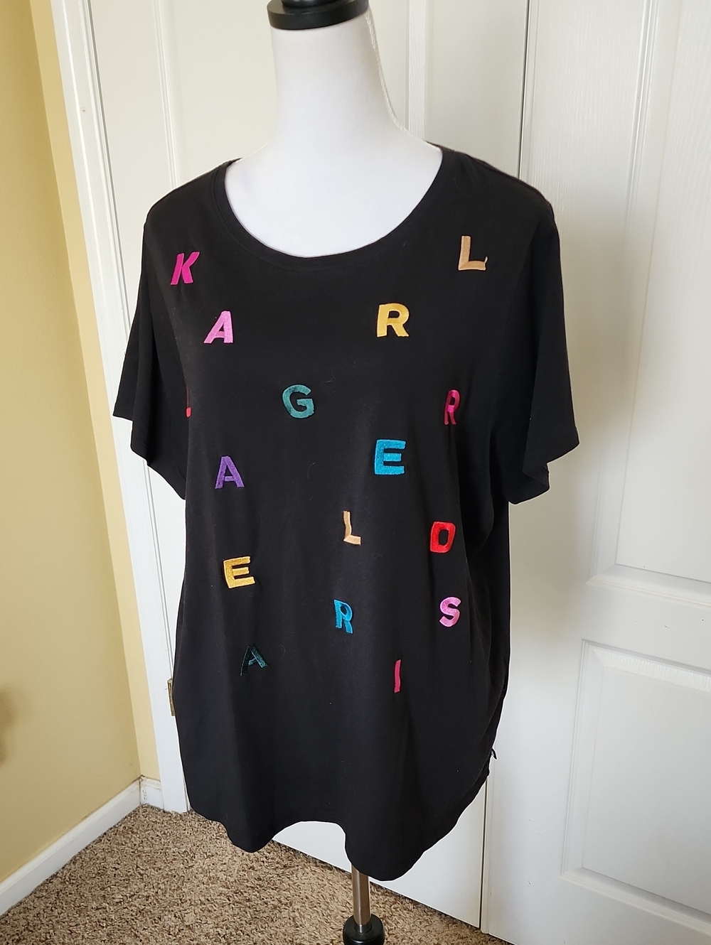 Karl Lagerfeld Black Short Sleeve Tee with Multicolor Letter Appliqués